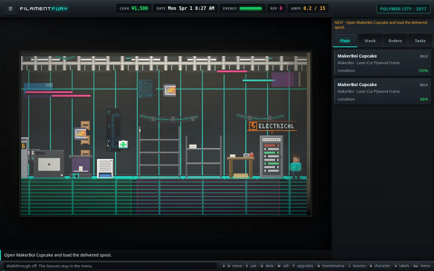 Polymer City in 2077 on a desktop screen, a floor of printers running.